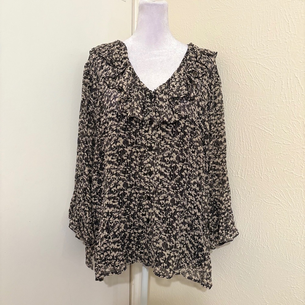 100% Silk Floral Ruffle Blouse Black Beige 24 Whimsygoth Boho Western Feminine